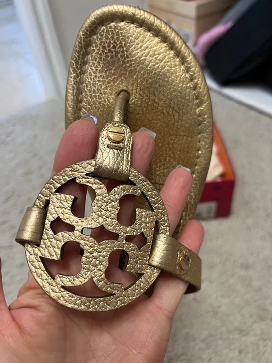 Tory Burch Metallic Gold Leather Logo Sandals - Picture 3 of 10